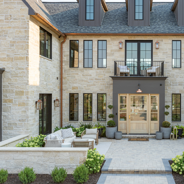 Modern house exterior with a well-maintained garden and patio area.